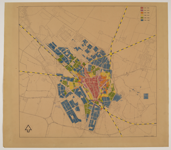 217116 Plattegrond van de stad Utrecht, met daarop aangegeven in kleuren de ouderdom van de bebouwing.